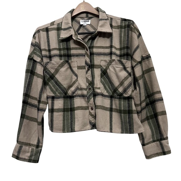 Ci Sono Tops - Ci Sono Womens L Plaid Cropped Flannel Shacket Shirt Jacket Oat & Olive Green